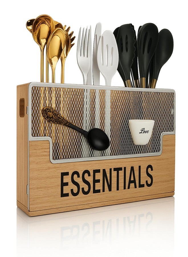 Zentora Extra Large Kitchen Utensil Organizer with 4 Compartments, Wooden Utensil Holder for Countertop, Rustic Kitchen Utensil Holder for Silverware & Cooking - Image 1